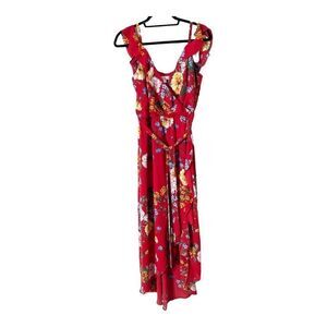 Charming Charlie Sleeveless Red High Low Ruffle Floral Dress Size Medium